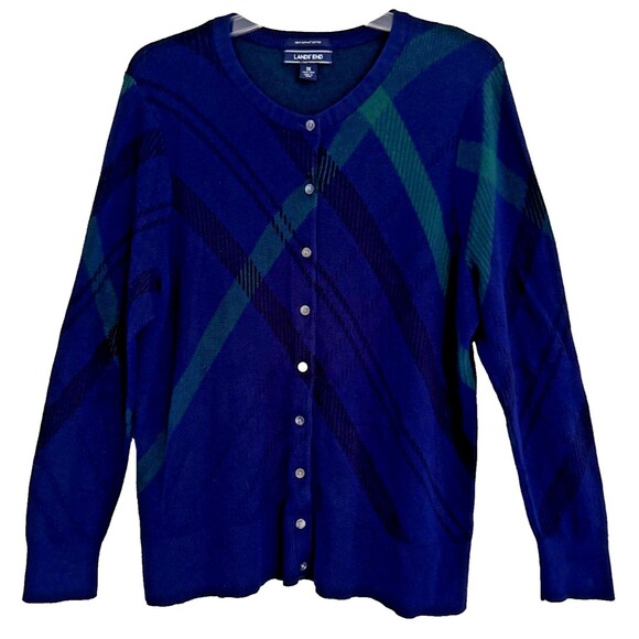 LANDS END Blackwatch Plaid Cardigan Sweater Womens Sz 1X Button Up Supima Cotton - Picture 2 of 12